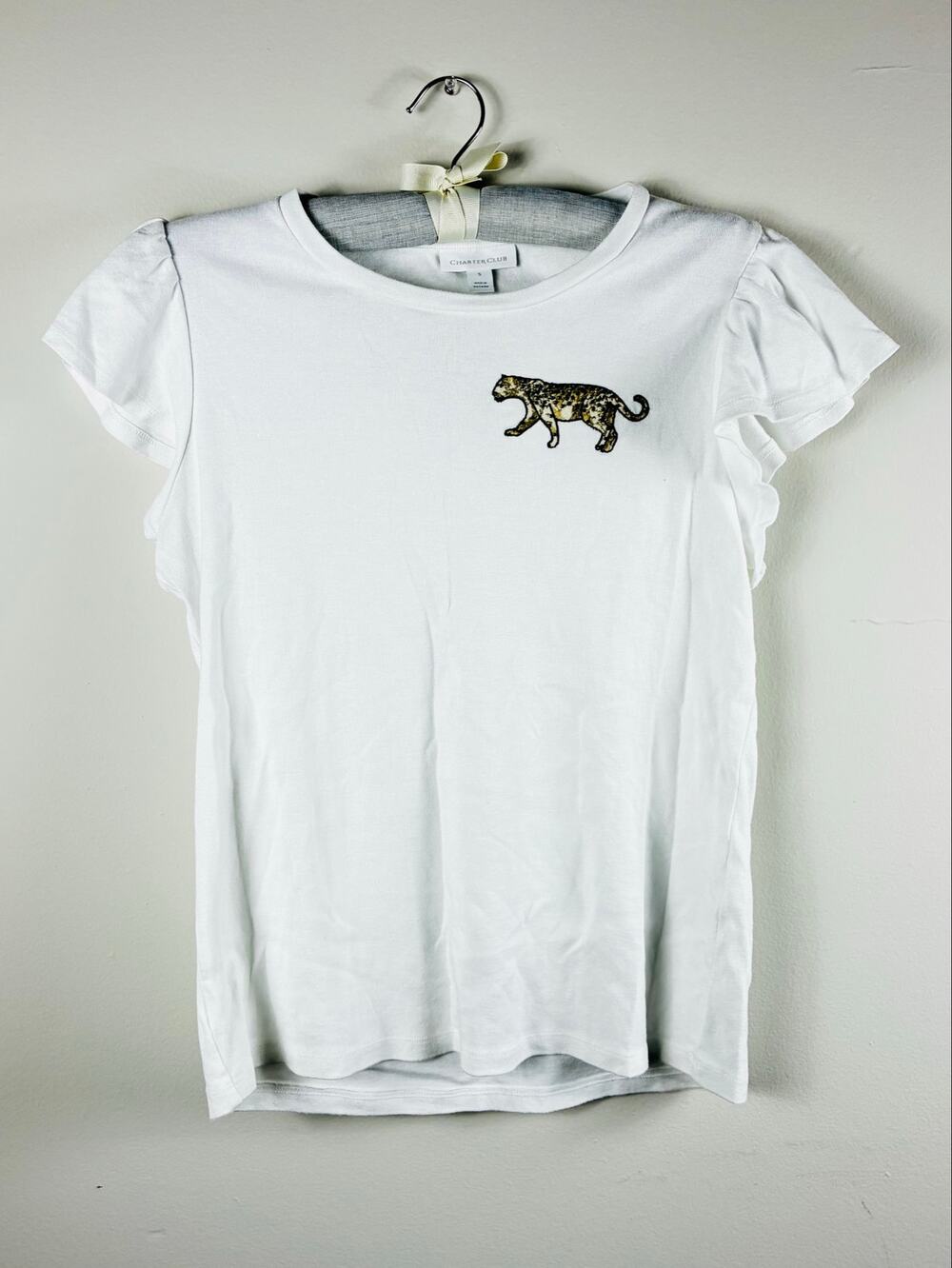 CHARTER CLUB S Cheetah Beaded Embroidered Short Sleeve Cotton White T-Shirt